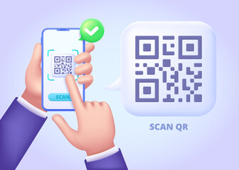 Qr code scan with phone and hands. Three dimensional design concept for landing page. 3d vector illustration for website, banner, hero image.