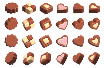 Collection of chocolates. 3d illustration of various shapes and types of chocolates, truffle and praline. Chocolate clip art on a white background. 3D design illustration