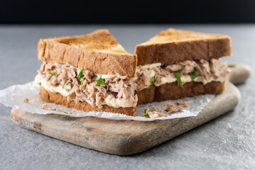 Tuna sandwich with mayo and vegetables on gray stone background.