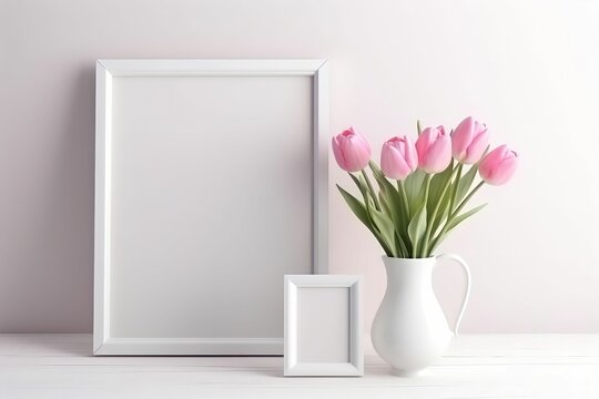 Mockup with pink tulips in a vase and a white frame on a light background. ai generated.
