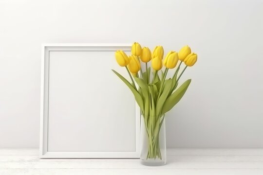 Mockup with yellow tulips in a vase and a white frame on a light background. ai generated.
