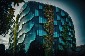 green building covered in plants and vegetation. Generative AI