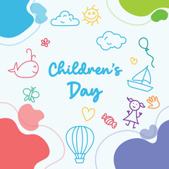 Happy Children's Day with cute drawings of cloud, balloon, candy, girl, whale, butterfly.