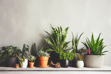 Plantas coloridas y saludables sobre pared blanca en la terraza. Fondo de plantas en casa decorando la terraza. Generative ai.