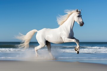 Naklejka na ściany i meble White stallion on a beach with the clear blue sky. Animal in motion. Generative ai.
