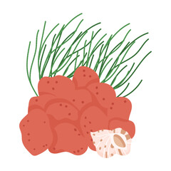 Stony red coral and algae together. Sea underwater plants and seashell. Tropical under water flora and fauna. Flat vector illustration isolated on white background