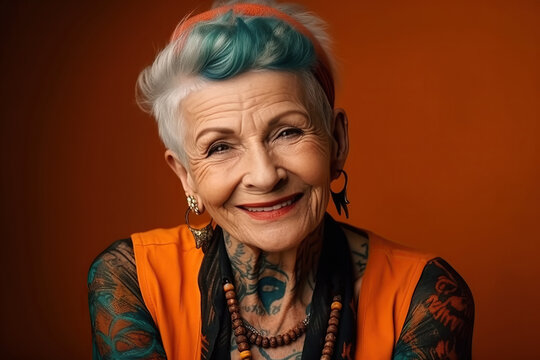 portrait of stylish elderly happy woman in tattoos smiling on bright colored background. Generative AI