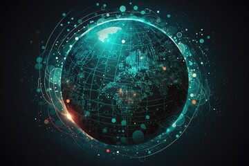 Obraz premium the Earth surrounded by a network of interconnected lines and nodes representing global communication and technology. Generative AI
