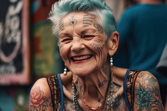 portrait of stylish elderly happy woman in tattoos smiles on street. Generative AI