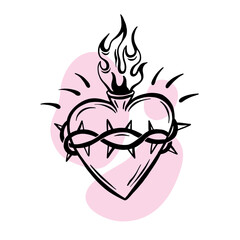 transferable temporary girl tattoo. A hot heart with a flame . Love, passion. lineart, engraving.