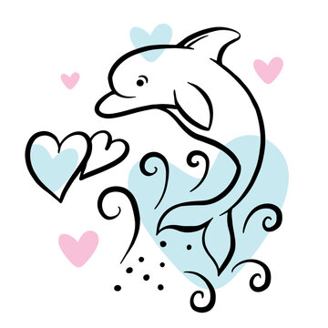 Transferable temporary girl tattoo. Dolphin on the waves and hearts. Lineart, 90's style