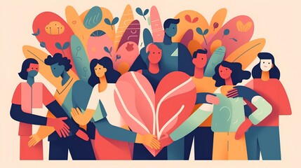 Charity illustration concept with abstract, diverse persons, hands and hearts. Community compassion, love, and support towards those in need. Generative AI - obrazy, fototapety, plakaty