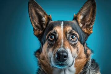 Naklejka na ściany i meble close up portrait of a friendly dog against a bright blue background. Generative AI