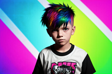 Portrait of a cute little boy punk with colorful hair on her arm. Generative AI.