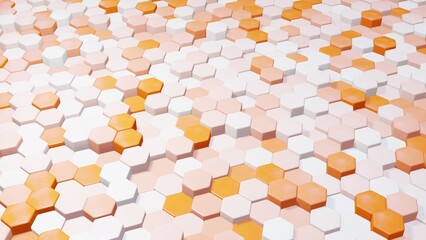 3D rendered illustration of a colorful hexagonal abstract background with tiles aranged randemly in vertical axis