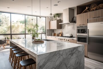 Sleek Modern Kitchen with Large Island and Marble Countertops, Generated by AI