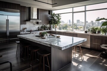 Fototapeta na wymiar Sleek Modern Kitchen with Large Island and Marble Countertops, Generated by AI