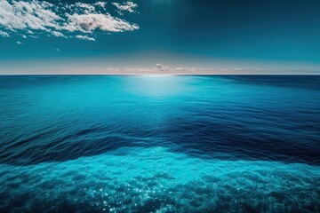 Fototapeta na wymiar serene blue ocean with a radiant sun peeking through the fluffy clouds. Generative AI