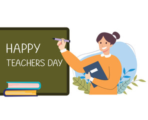 world happy teachers day. female teacher standing in front of blackboard