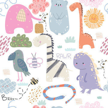 Seamless background with animals. Cute zebra, elephant, butterfly, bear, giraffe, snake, zebra, sun, clouds, plants and bees in cartoon style.