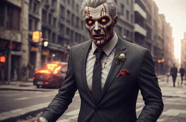 Zombie man in business suit on city street. Stylish living dead in downtown. Generative AI.