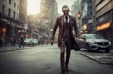Zombie man in business suit on city street. Stylish living dead in downtown. Generative AI.