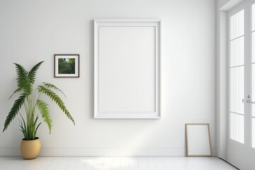 Fototapeta na wymiar Mockup Frame on a white wall, Frame with white borders, empty room with window, generative ai