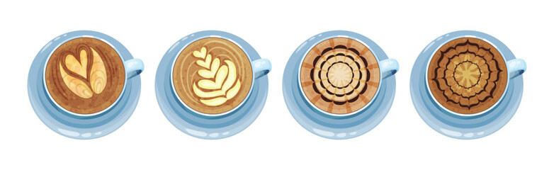 Cups on Saucer with Coffee Latte Crema Art Vector Set