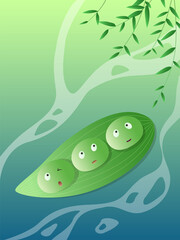 Three Qingtuan float on the water in spring. Tomb Sweeping Day illustration. Anthropomorphic food cartoon.
