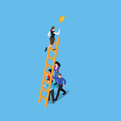 Teamwork - People hold ladder, woman takes out star - solving problems together 3d isometric vector illustration concept for banner, website, landing page, ads, flyer template