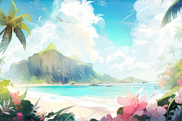 Fototapeta na wymiar Tropical summer hawaii landscape in japanese anime style. Generated AI.