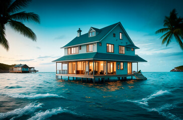 House on water. Secluded residential building in ocean, sea. Generative AI.