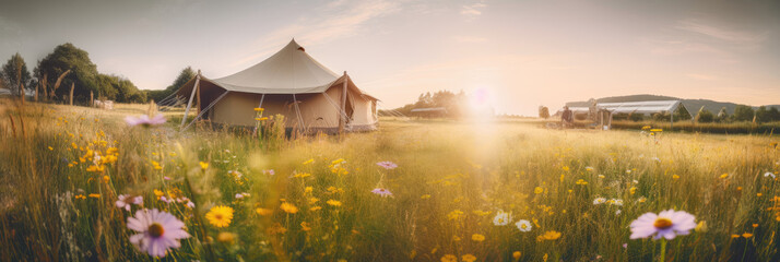 Beautiful meadow with a glamping tent in the background. Vintage style.