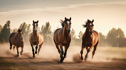 Three horses run gallop in the meadow at sunset time.