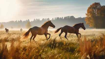 Horses running on the meadow at sunrise. Beautiful nature background