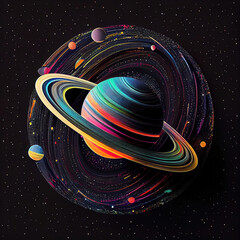 Colorful saturn planet in dark space with stars (Generative AI)