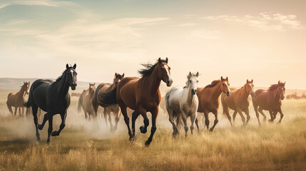 Fototapeta na wymiar Herd of horses run gallop on the meadow at sunset