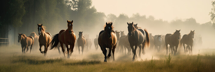 Horses galloping in a foggy meadow at sunrise.