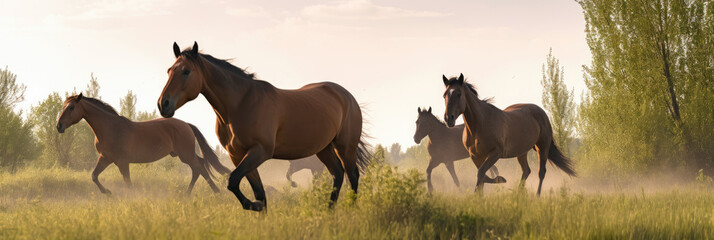 Horses running in the meadow at sunset, panoramic