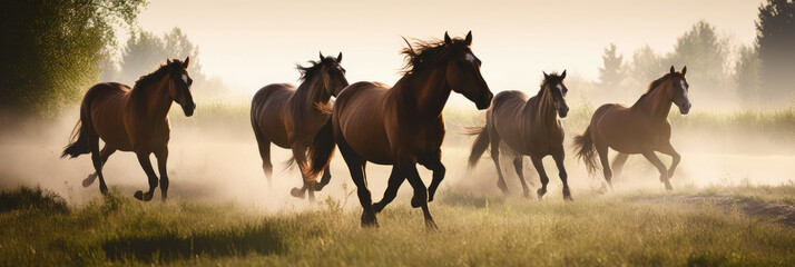 Horses run gallop in foggy meadow, panorama banner.