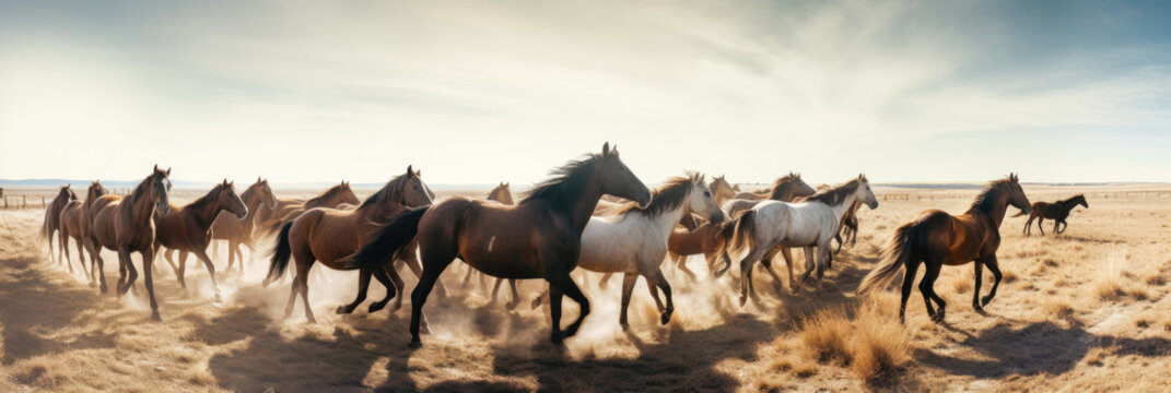 Wild Horses Running in the Desert - Panoramic Image with Copy Space