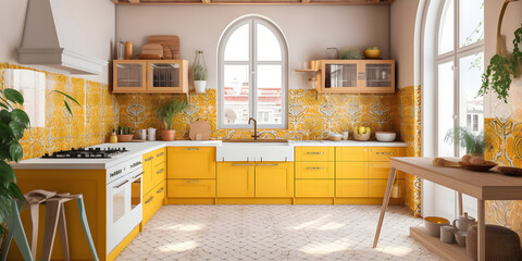 illustration modern creative yellow colorful kitchen in sicilian style Generative AI