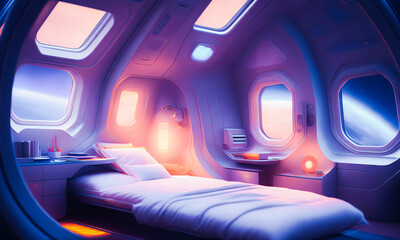 A futuristic space station room with a view of the cosmos and stars. New technologies. Future image. Generative AI