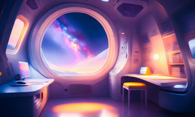 A futuristic space station room with a view of the cosmos and stars. New technologies. Future image. Generative AI