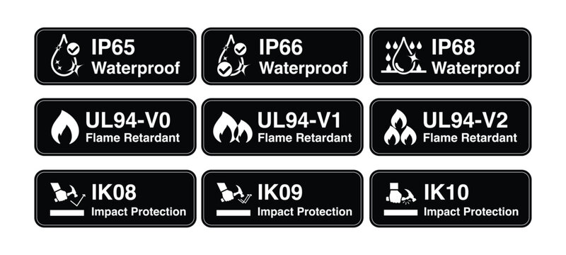 IP66, IP67 and IP68 Waterproof ratings. IK08, IK09 and IK10 Impact rating. UL94 Flame-Retardant. Water resistance level, collision tolerance resistance and anti-flame icon and symbol. Vector.