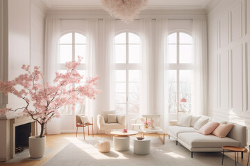 Fototapeta na wymiar Video conference living room with Cherry blossom, zoom background, Generative A
