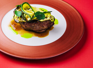 Barbecue dry aged wagyu fillet steak with grilled zucchini