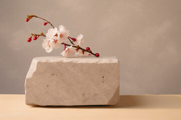 Empty spring scene product display podium with cherry blossom branch. Generative AI