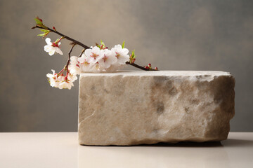 Empty spring scene product display background with cherry blossom branch. Generative AI