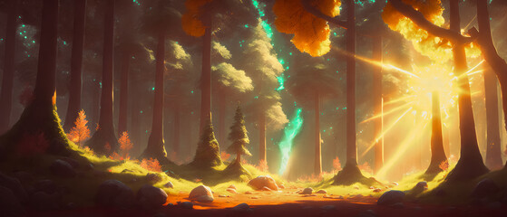 A mystical forest with rays of sunlight shining through. Generative AI